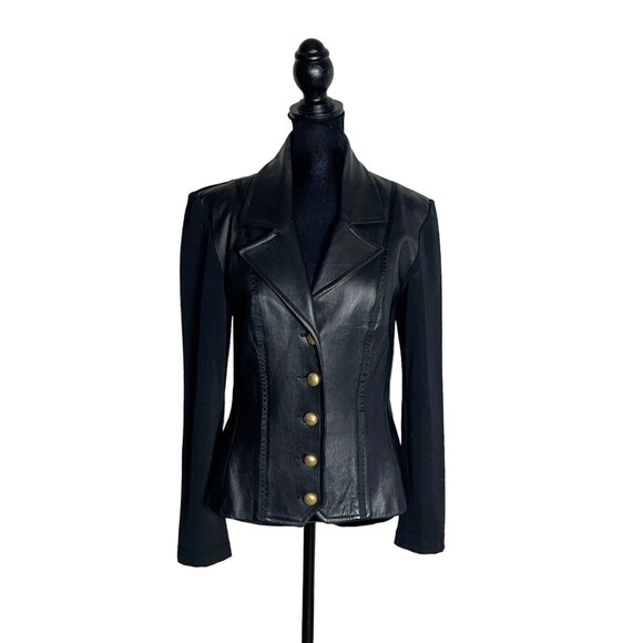 John Murrough Leather Stretchy Back Gold Button Front Short Length Jacket Size M - Picture 2 of 10